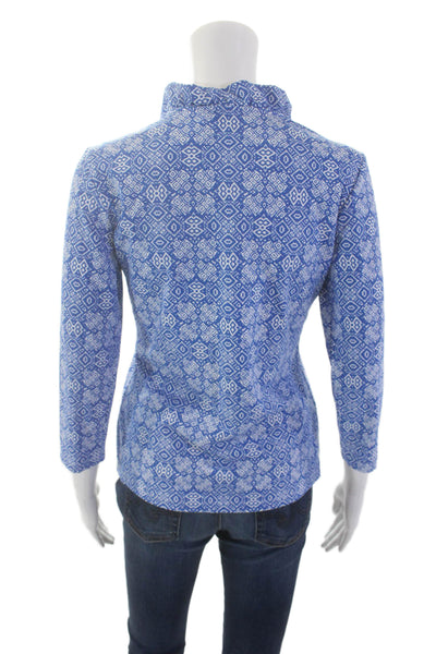 J. Mclaughlin Womens Geometric Collared Long Sleeve Blouse Top Blue Size S