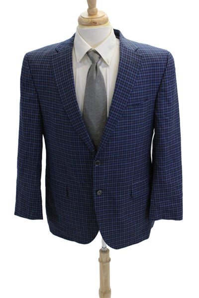 Jack Victor Mens Two Button Notched Lapel Plaid Blazer Jacket Blue Wool Size 42R