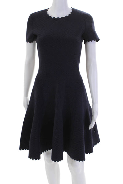 Alaia Womens Back Zip Short Sleeve Crew Neck Knit Swing Dress Navy Blue IT 40