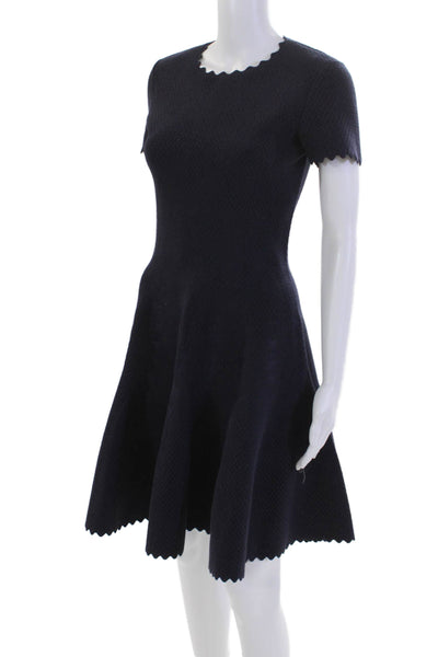 Alaia Womens Back Zip Short Sleeve Crew Neck Knit Swing Dress Navy Blue IT 40