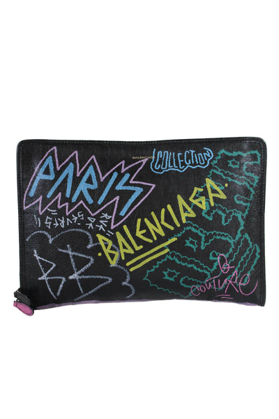 Balenciaga Paris Womens Agneau Arean Graffiti All Over Bazar Clutch Handbag Blac