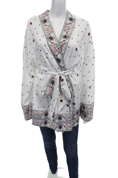 Badgley Mischka Womens Printed Open Front Belt Cardigan Top White Multi Size L