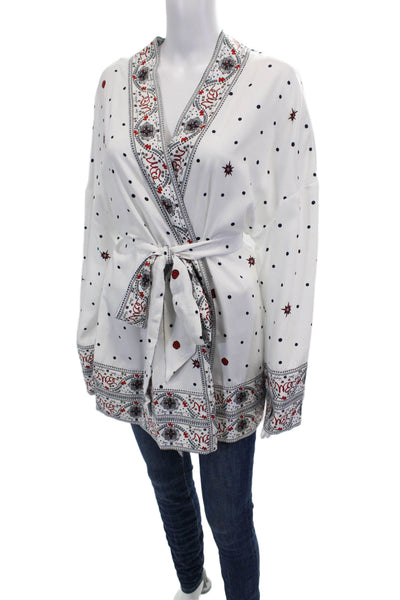 Badgley Mischka Womens Printed Open Front Belt Cardigan Top White Multi Size L