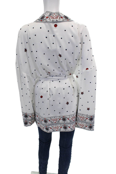 Badgley Mischka Womens Printed Open Front Belt Cardigan Top White Multi Size L