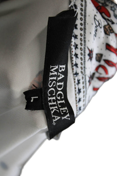 Badgley Mischka Womens Printed Open Front Belt Cardigan Top White Multi Size L