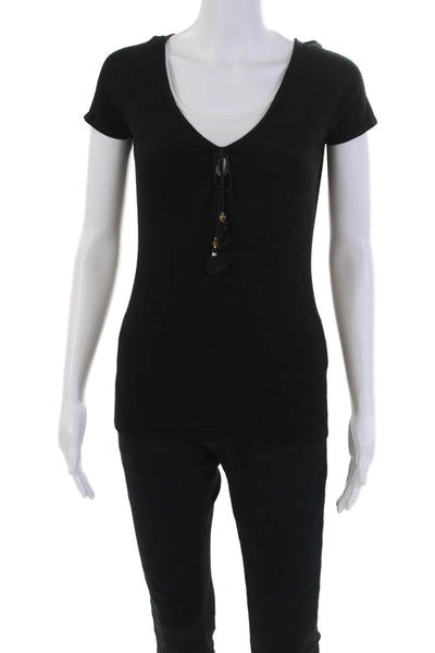 Gucci Womens Short Sleev V Neck Tie Tassel Knit Top Black Wool Size Medium