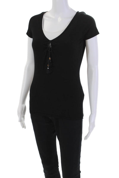 Gucci Womens Short Sleev V Neck Tie Tassel Knit Top Black Wool Size Medium