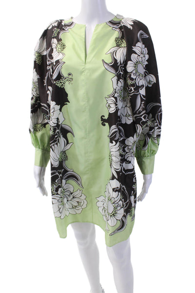 Valentino Womens Floral Print Puffy Sleeves Dress Mint Green Brown Size Small