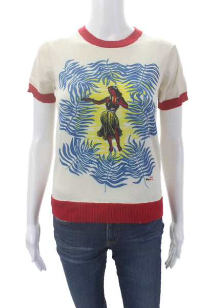 Me369 Womens Cotton Short Sleeve Round Neck Graphic Print Top Cream Size S