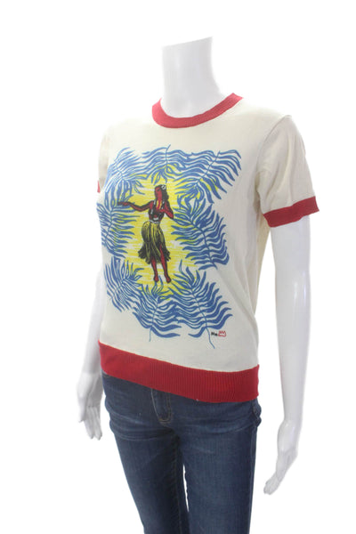 Me369 Womens Cotton Short Sleeve Round Neck Graphic Print Top Cream Size S
