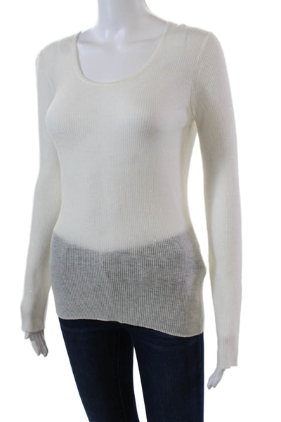 Marella Womens Long Sleeve Scoop Neck Ribbed Sweater White Wool Size Medium