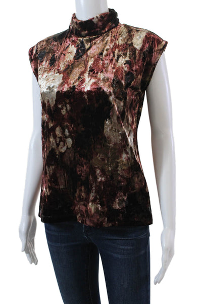 Elliott Lauren Womens Sleeveless Abstract Velour Turtleneck Top Brown Size XS
