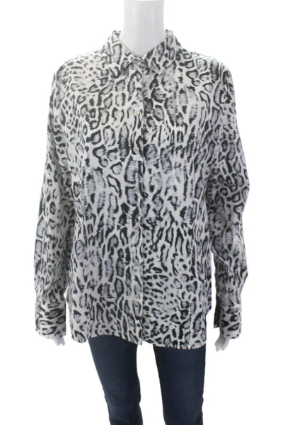 Hinson Wu Womens Diane Long Sleeve Snow Leopard Print Button Down White Size 14