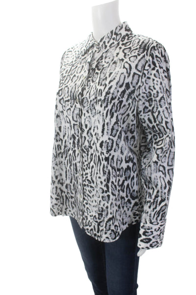Hinson Wu Womens Diane Long Sleeve Snow Leopard Print Button Down White Size 14