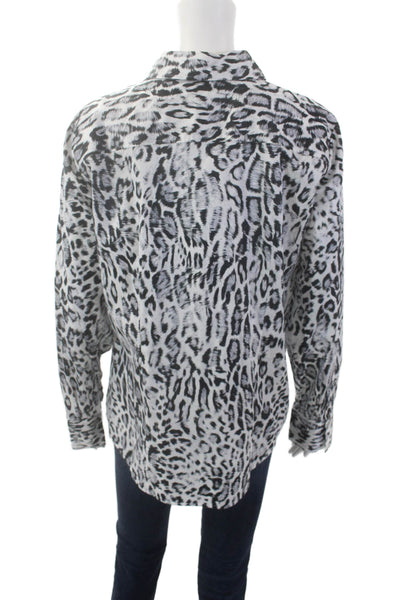 Hinson Wu Womens Diane Long Sleeve Snow Leopard Print Button Down White Size 14
