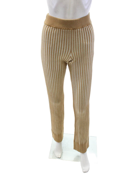 Toccin Womens Ribbed Knit Elastic Waist High-Rise Flared Pants Beige Size S