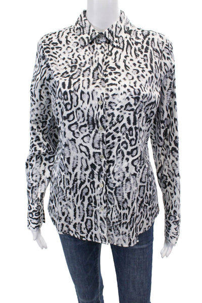 Hinson Wu Womens Button Front Collared Diane Snow Leopard Shirt White Size 8