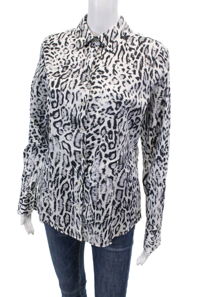 Hinson Wu Womens Button Front Collared Diane Snow Leopard Shirt White Size 8