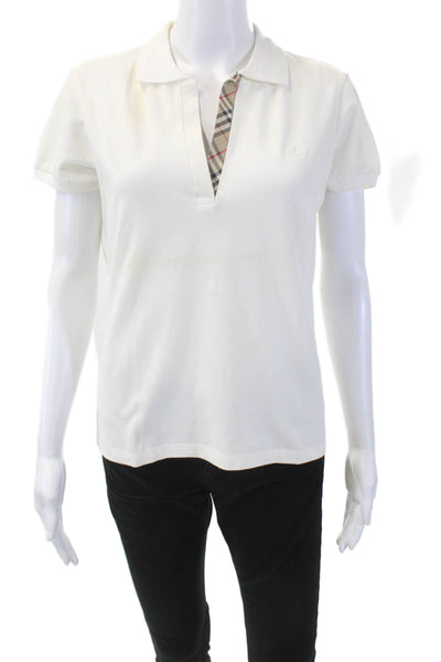 Burberry London Womens Cotton Collared V-Neck Short Sleeve Polo Top White Size L