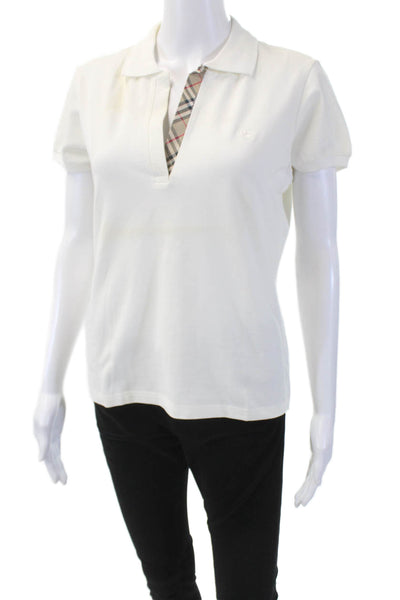Burberry London Womens Cotton Collared V-Neck Short Sleeve Polo Top White Size L
