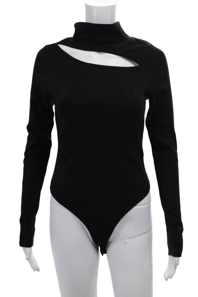 Hudson Womens Cotton Ribbed High Neck Cut Out Long Sleeve Bodysuit Black Size L
