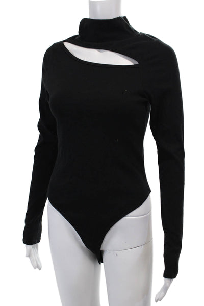 Hudson Womens Cotton Ribbed High Neck Cut Out Long Sleeve Bodysuit Black Size L