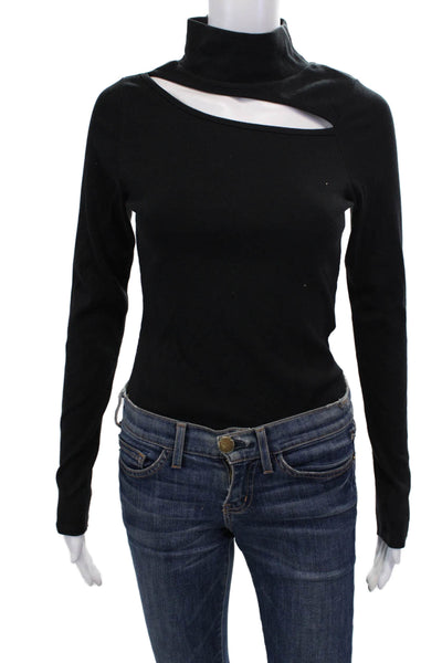 Hudson Womens Cotton Ribbed High Neck Cut Out Long Sleeve Bodysuit Black Size L