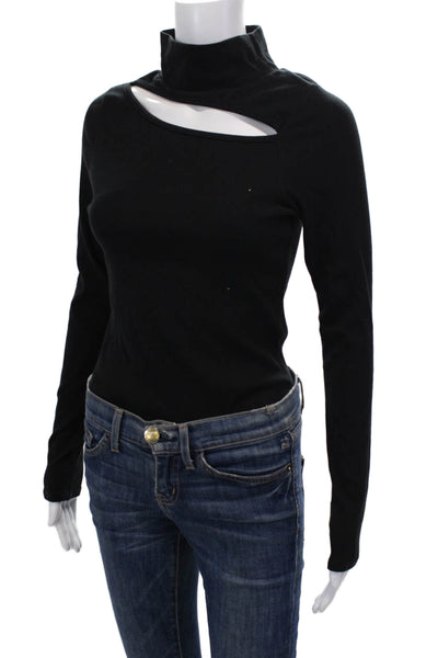 Hudson Womens Cotton Ribbed High Neck Cut Out Long Sleeve Bodysuit Black Size L
