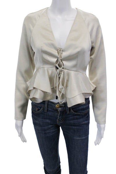 Alexis Womens Satin Long Sleeve Lace Up Peplum Blouse Champagne Size S
