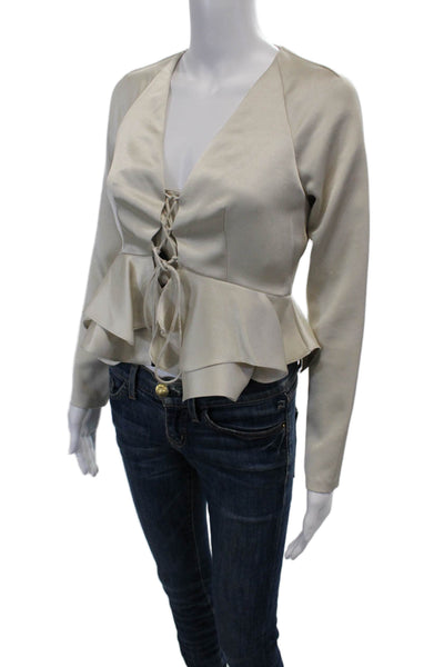 Alexis Womens Satin Long Sleeve Lace Up Peplum Blouse Champagne Size S