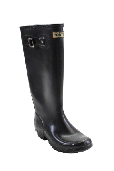 Hunter Womens Silver Tone Pull On Knee High Rain Boots Black Size 4 Medium