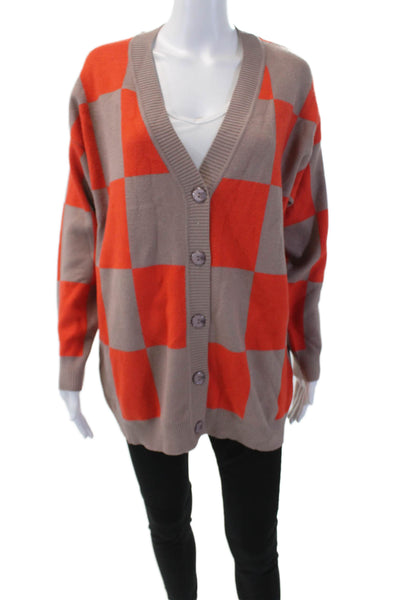 Patrizia Luca Womens Checkered V-Neck Button Up Cardigan Sweater Orange Size S/M