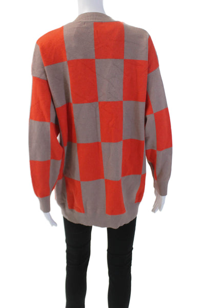 Patrizia Luca Womens Checkered V-Neck Button Up Cardigan Sweater Orange Size S/M