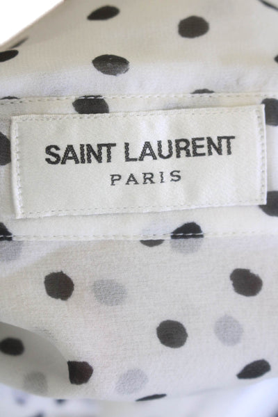Saint Laurent Womens Button Front Silk Polka Dot Shirt White Black Size FR 34