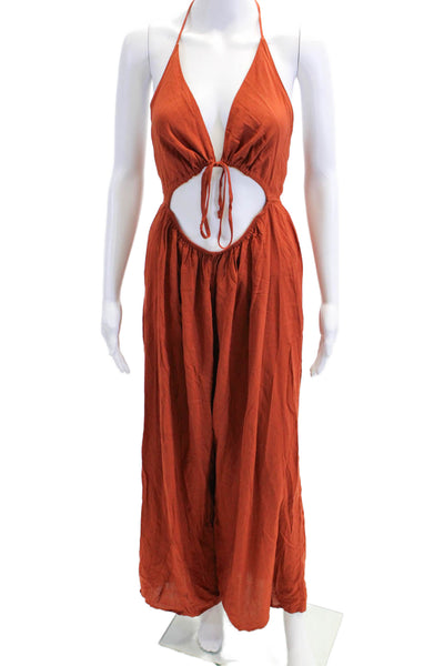 Omnia Womens Tie Front Sleeveless Peep Front Wide Leg Jumpsuit Rust Size M