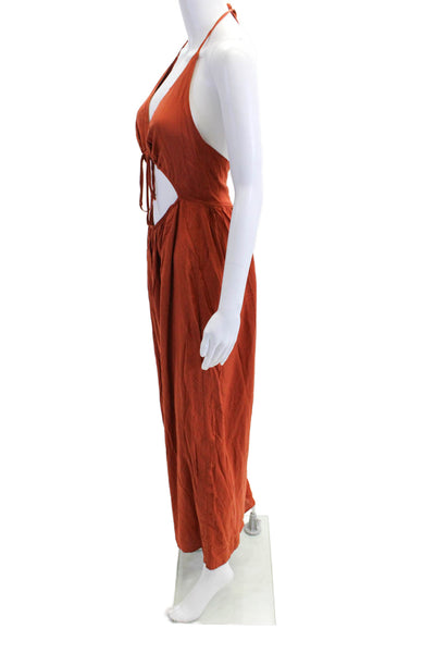 Omnia Womens Tie Front Sleeveless Peep Front Wide Leg Jumpsuit Rust Size M