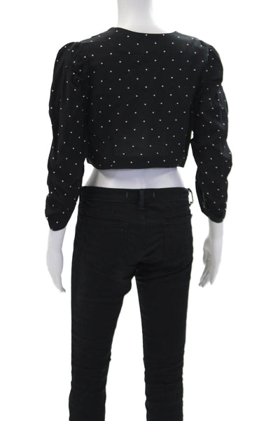 Alice McCall Women's Round Neck Long Sleeves Cropped Top Black Polka Dot Size 6