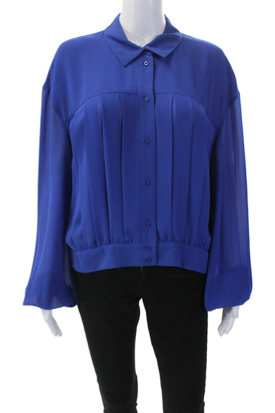 Badgley Mischka Womens Collar Long Sleeve Button Front Blouse Top Blue Size XL