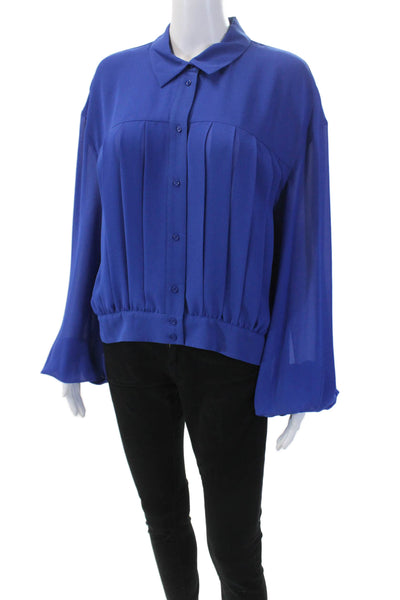 Badgley Mischka Womens Collar Long Sleeve Button Front Blouse Top Blue Size XL