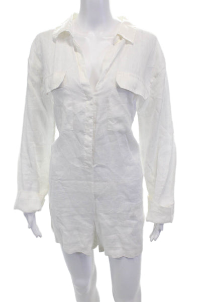 Mikoh Womens Linen Long Sleeve Button Up Collared Romper White Size 3