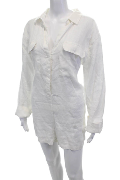 Mikoh Womens Linen Long Sleeve Button Up Collared Romper White Size 3