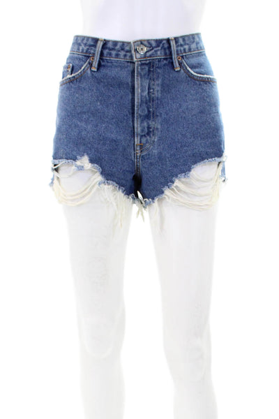Grlfrnd Womens Distress High Rise Fly Button Denim Shorts Blue Size 28