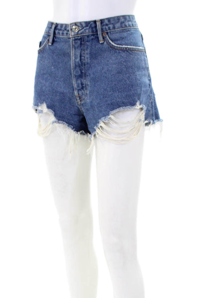 Grlfrnd Womens Distress High Rise Fly Button Denim Shorts Blue Size 28