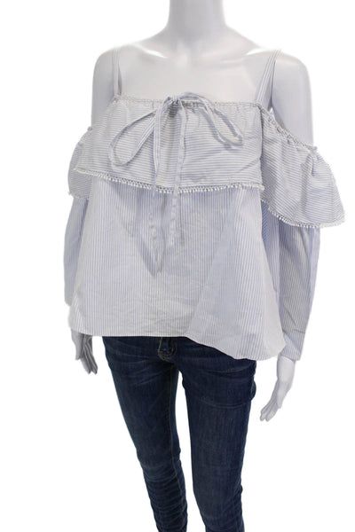 Jonathan Simkhai Womens Cotton Striped Off The Shoulder Blouse Top Blue Size S