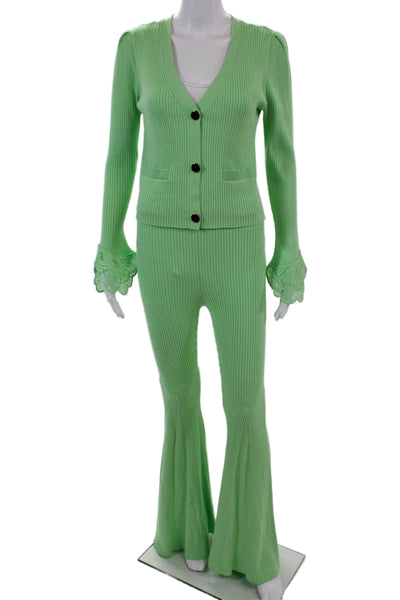 Self Portrait Womens Ribbed Cardigan High Rise Pant Set Lime Green Size Large/8