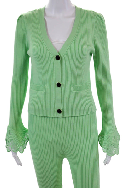 Self Portrait Womens Ribbed Cardigan High Rise Pant Set Lime Green Size Large/8