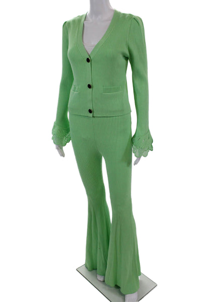 Self Portrait Womens Ribbed Cardigan High Rise Pant Set Lime Green Size Large/8