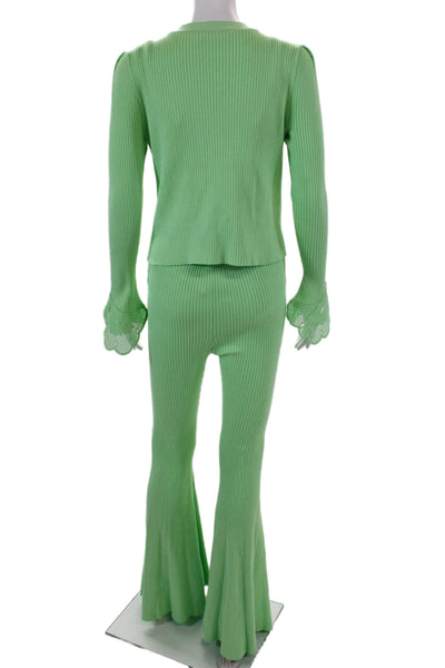 Self Portrait Womens Ribbed Cardigan High Rise Pant Set Lime Green Size Large/8