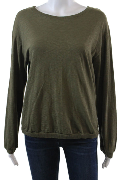 Elliott Lauren Womens Long Balloon Sleeve Scoop Neck Tee Shirt Olive Green XS