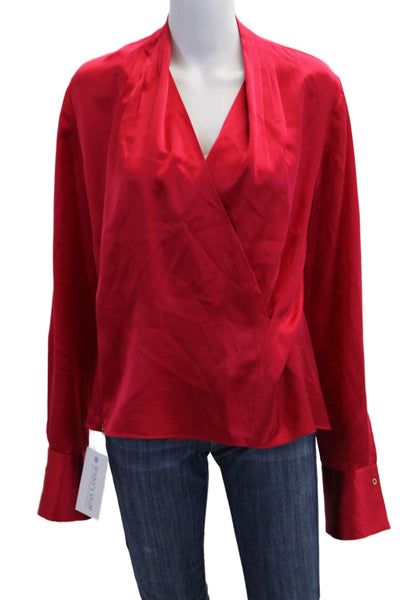 Elie Tahari Womens Pleated V-Neck Long Sleeve Pullover Blouse Top Red Size M